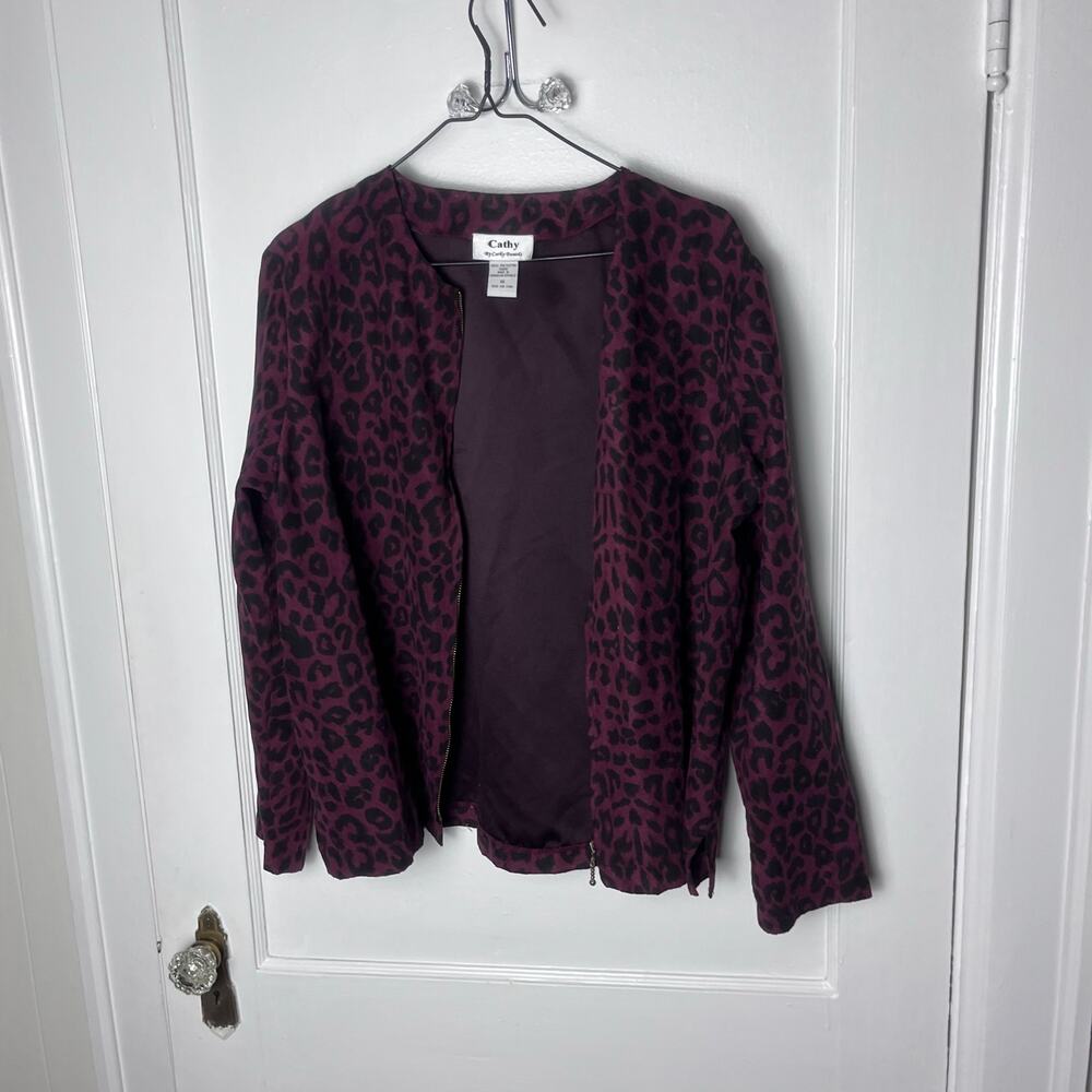 Vintage Cathy Daniels Women's Maroon Faux Suede Cheetah Print Zip Jacket Size 14